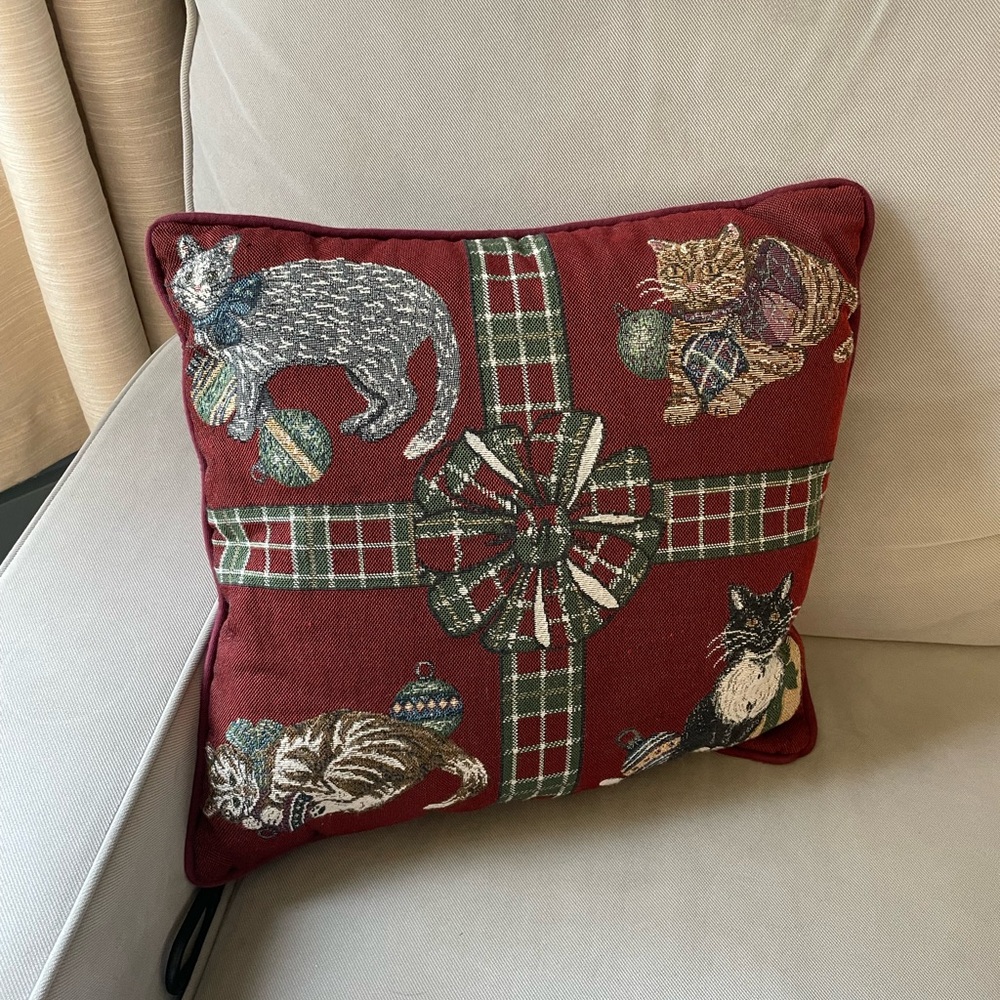 Vintage Christmas Tapestry Throw Pillow Red Plaid Bow Cats and Ornaments